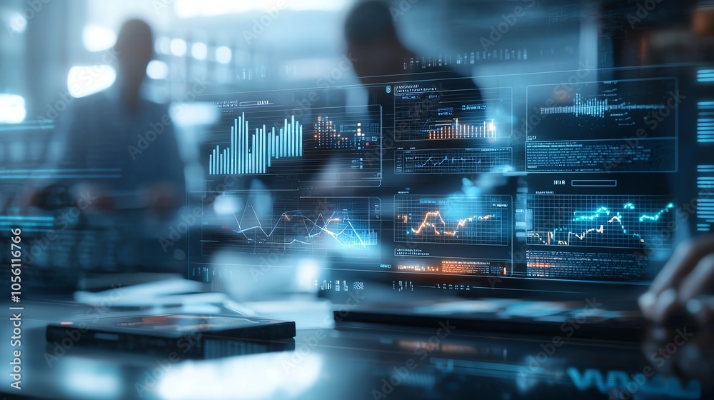 A modern digital workspace showcasing data analysis and visualization on screens, with professionals engaged in decision-making. A modern digital workspace showcasing data analysis and visualization on screens, with professionals engaged in decision-making.