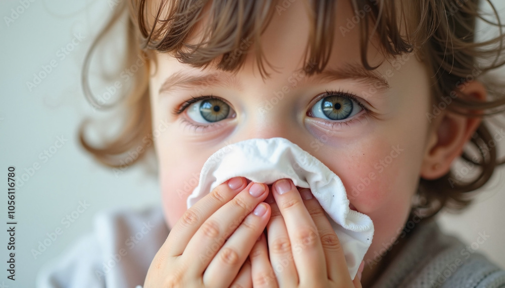 Close-up of young child covering mouth with tissue, showing concerned expression Close-up of young child covering mouth with tissue, showing concerned expression