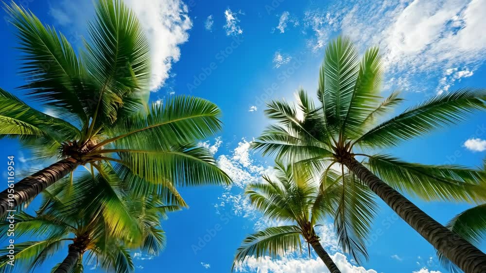Palm trees reach for the sky on a sunny day, creating a picturesque tropical scene Palm trees reach for the sky on a sunny day, creating a picturesque tropical scene