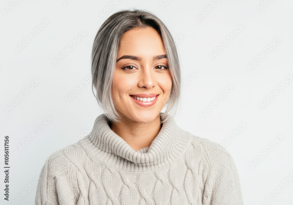 Close-up Portrait of a Smiling Woman in a Beige Sweater