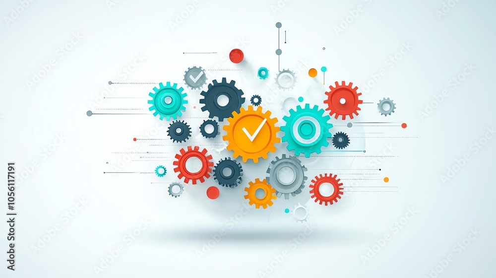 Fototapeta premium Colorful gears and cogs in a dynamic design, symbolizing innovation, teamwork, and efficiency in mechanical systems.