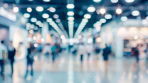 Blurred defocused bokeh background of exhibition hall or convention center hallway: Business trade show modern white interior architecture. Abstract blur modern business office background.