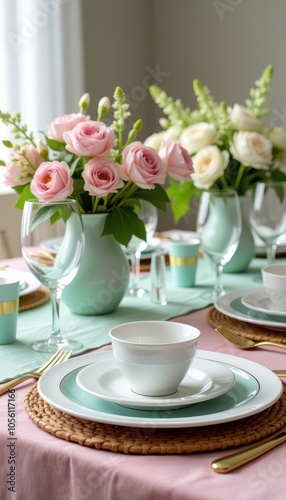 Easter brunch table arrangement with pastel-colored tableware and fresh floral bouquets for a charming springtime gathering.