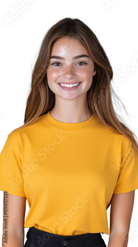 A smiling young woman with long brown hair wearing a yellow t-shirt, isolated on a transparent background. Ideal for casual fashion and lifestyle themes.