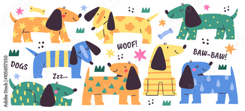 Cute hand drawn Dachshund dogs lovely pets with funny childish pattern body print different position