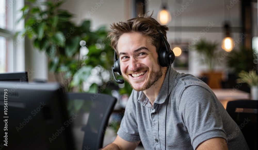 man wearing a headset and smiling while sitting at a desk in front of a computer. On the desk there is a monitor, keyboard, mouse, and other objects. In the background there are houseplants, a lamp, man wearing a headset and smiling while sitting at a desk in front of a computer. On the desk there is a monitor, keyboard, mouse, and other objects. In the background there are houseplants, a lamp,