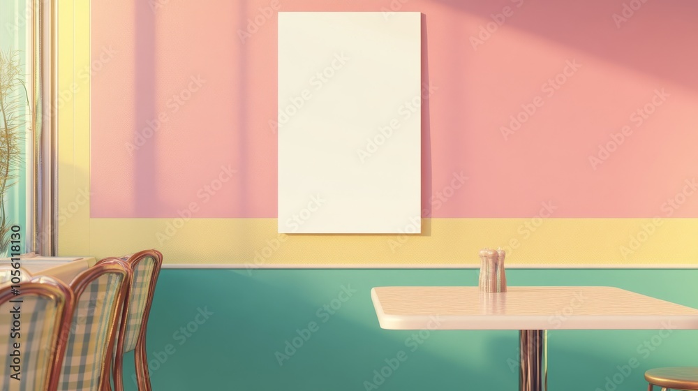 3D rendering of an empty vertical rectangle mockup displayed on the wall in a colorful, pastel-tinted retro coffee shop, featuring striped pink, yellow, blue, and green walls and a white tabletop 3D rendering of an empty vertical rectangle mockup displayed on the wall in a colorful, pastel-tinted retro coffee shop, featuring striped pink, yellow, blue, and green walls and a white tabletop