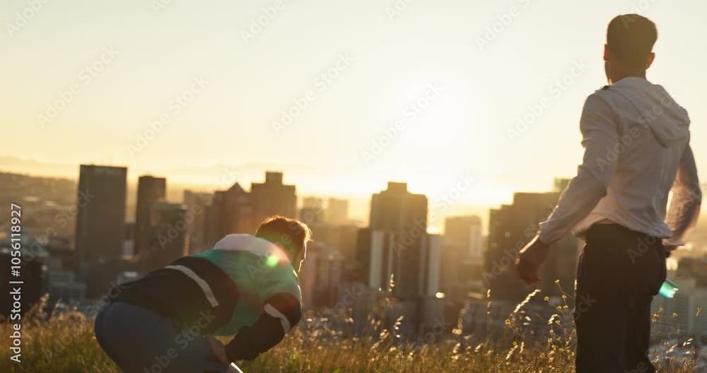 Men, athlete and high five in city with pride or lens flare for workout, exercise and fitness at sunrise. Male people, team and training, wellness and hiking for muscle, cardio or endurance. Men, athlete and high five in city with pride or lens flare for workout, exercise and fitness at sunrise. Male people, team and training, wellness and hiking for muscle, cardio or endurance.