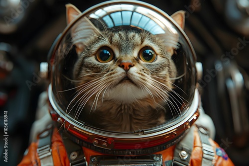 Curious cat in an astronaut suit explores a futuristic spacecraft