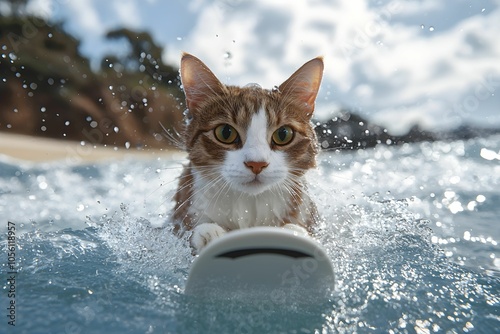 Photography Cat surfing on a small board in the ocean on a sunny day