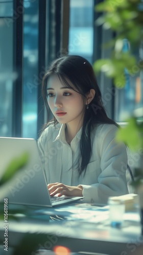 bright modern office scene with japanese woman working on laptop elegant and professional design