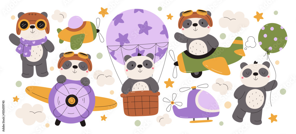 Fototapeta premium Happy cute panda pilot zoo animal character flying in sky by plane, air hot balloon funny set