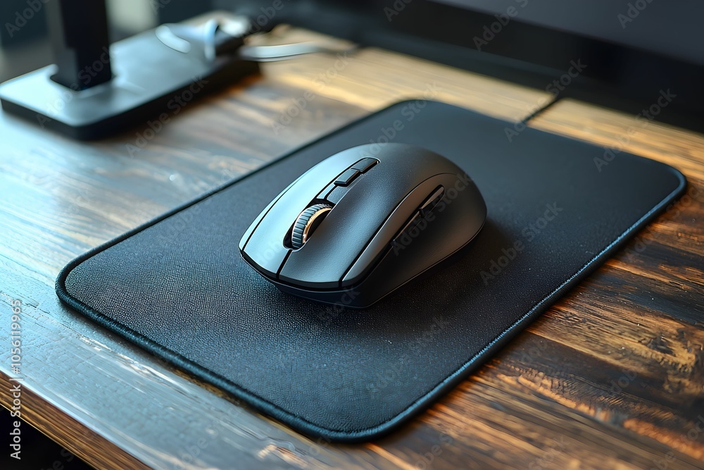 A sleek black computer mouse on a wooden desk at workstation A sleek black computer mouse on a wooden desk at workstation