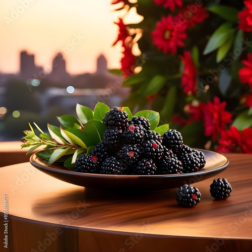 Delicious fresh Indian Blackberry Jamun on a black woodplate photo