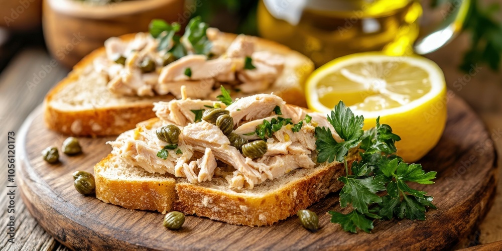 Savory tuna salad served on crusty bread with lemon and capers Savory tuna salad served on crusty bread with lemon and capers