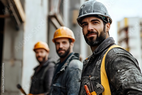 Construction workers in protective gear smiling at the job site