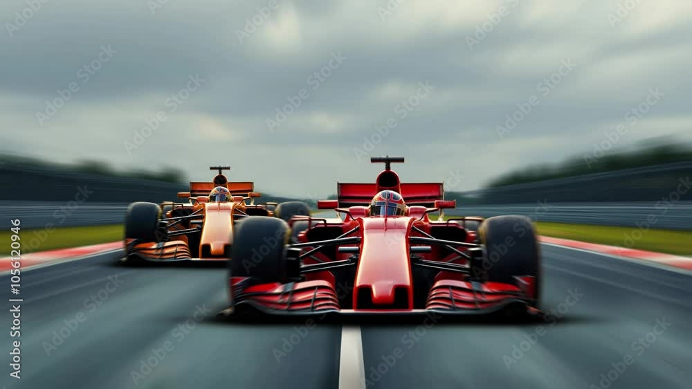 Front View of Red and Orange Formula 1 Cars Racing at High Speed on Track, Overtaking Each Other. Seamless Loop Front View of Red and Orange Formula 1 Cars Racing at High Speed on Track, Overtaking Each Other. Seamless Loop