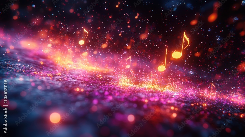 Fototapeta premium Colorful musical notes illuminated above a vibrant cosmic background at night
