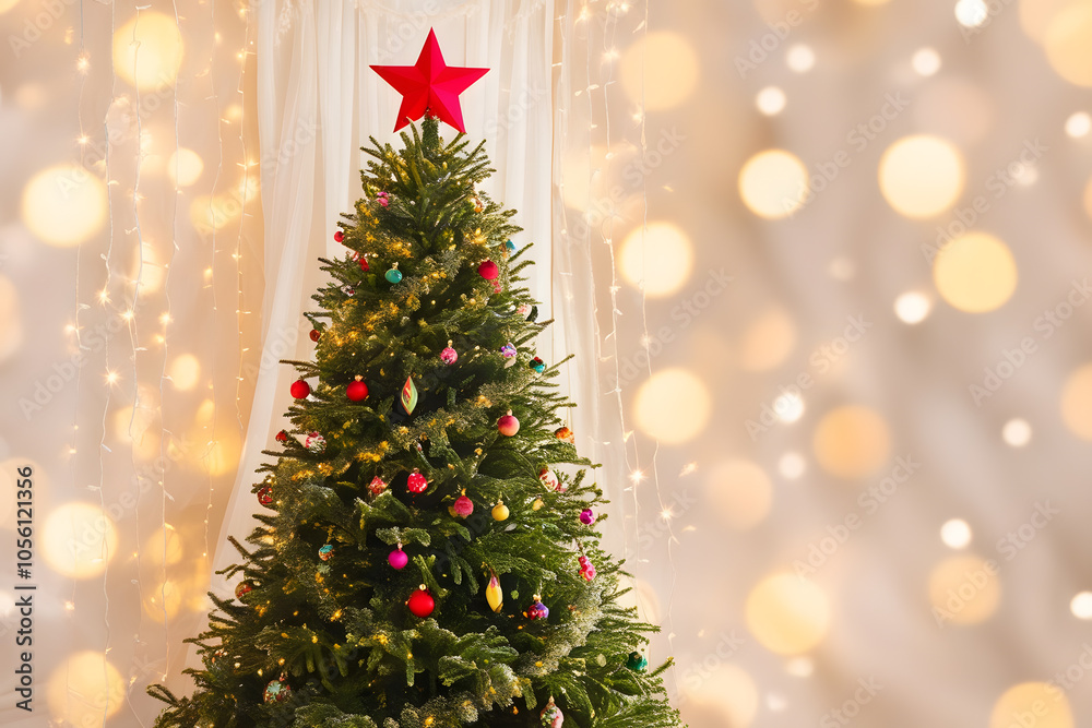 Árbol de navidad con estrella roja y luces de fondo desenfocadas Árbol de navidad con estrella roja y luces de fondo desenfocadas