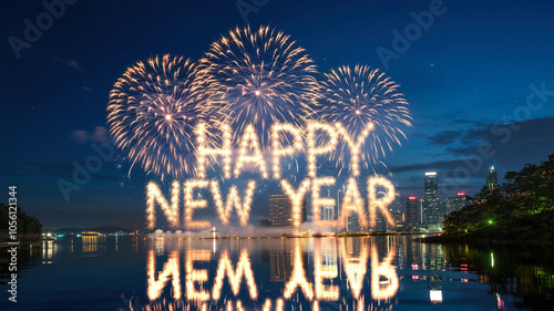 Fireworks explode over a city skyline, forming the words Happy New Year in the night sky. The reflection of the fireworks is visible in the calm water below.