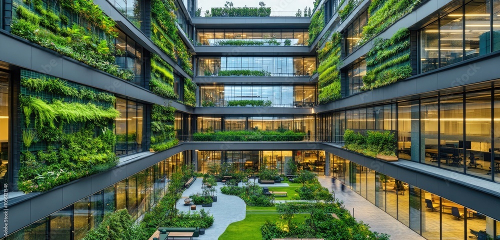 Naklejka premium Large eco-friendly office building with floor-to-ceiling windows, vertical gardens on the facade, open courtyard with green walkways and seating areas.