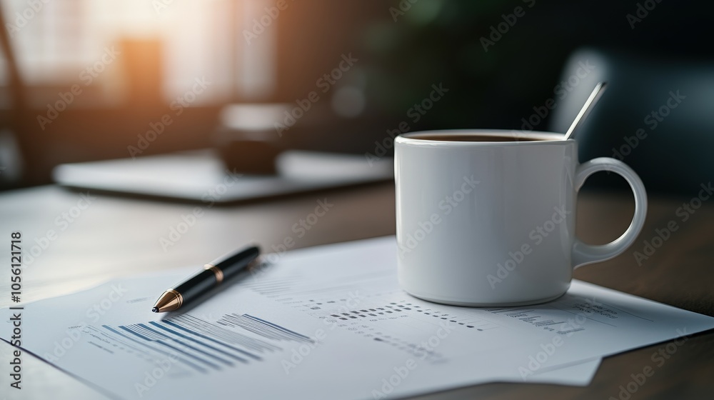 Quiet morning workspace with coffee and reports on a wooden table Quiet morning workspace with coffee and reports on a wooden table