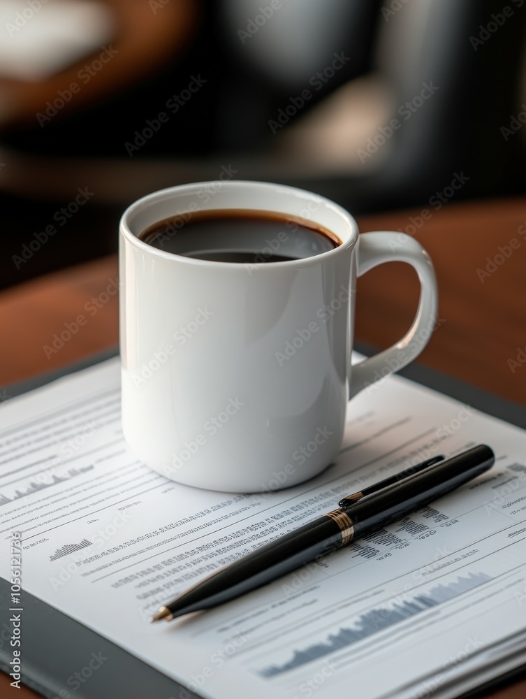 Quiet workspace with coffee cup and pen on document in cafe Quiet workspace with coffee cup and pen on document in cafe