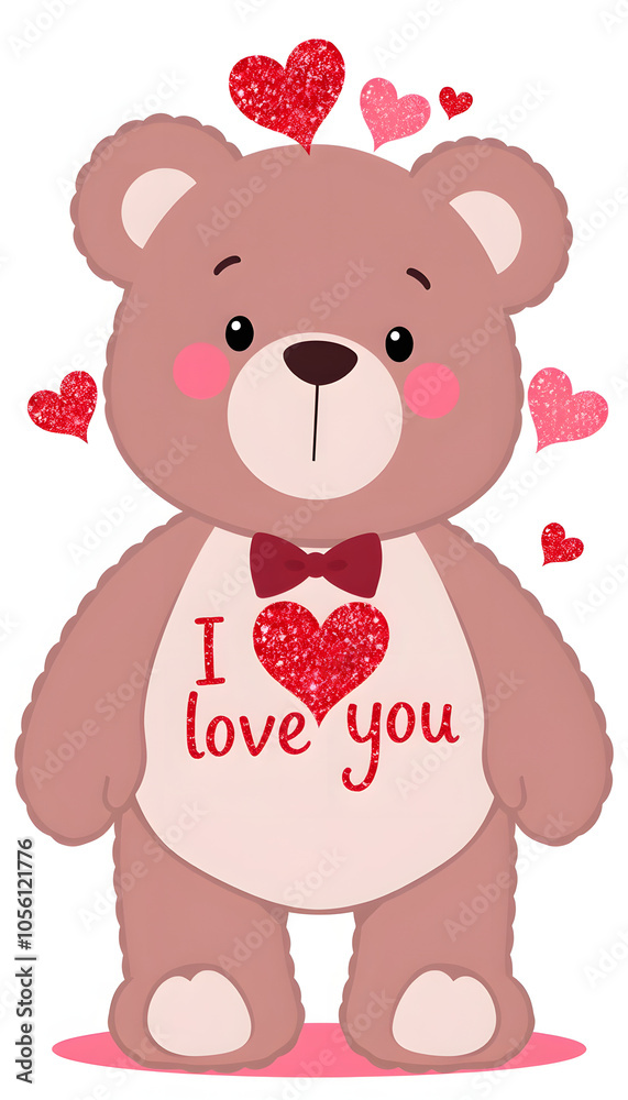Obraz premium I love you Caleb - cute and sweet teddy bear on a wedding, Valentine's or just to say I love you pink celebration card, joyful, happy party style with glitter and red and pink hearts, 3d illustratio