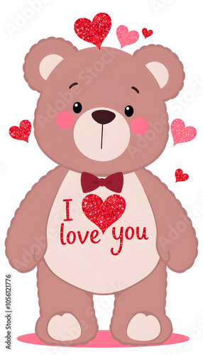 I love you Caleb - cute and sweet teddy bear on a wedding, Valentine's or just to say I love you pink celebration card, joyful, happy party style with glitter and red and pink hearts, 3d illustratio photo