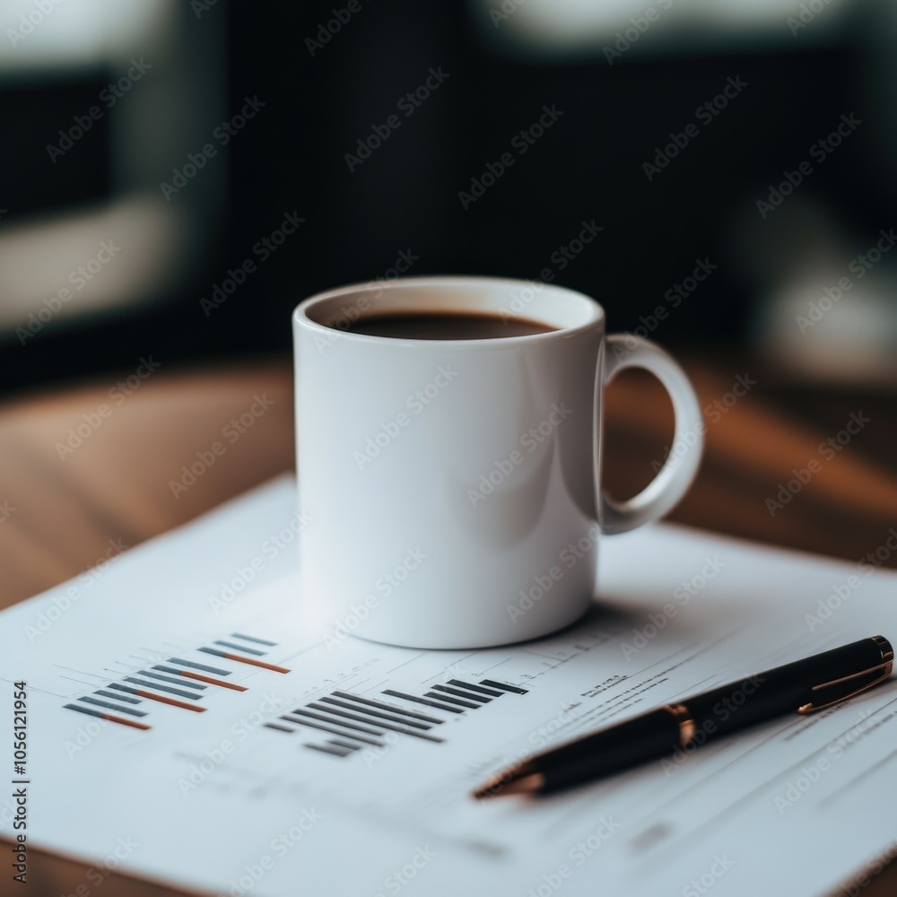 Morning coffee on a desk with reports and a pen during work hours Morning coffee on a desk with reports and a pen during work hours