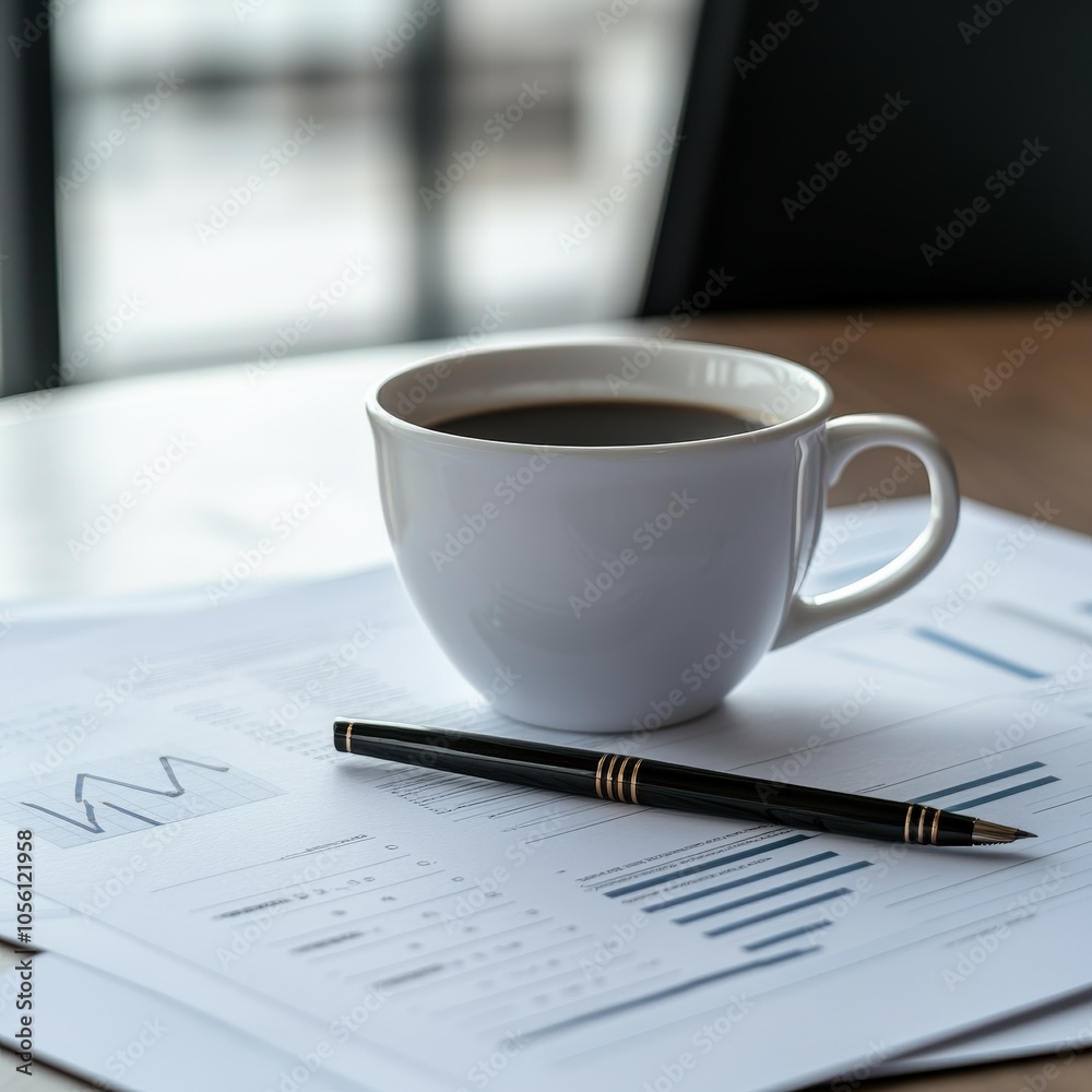 Black coffee in a white cup beside business reports on a wooden table Black coffee in a white cup beside business reports on a wooden table