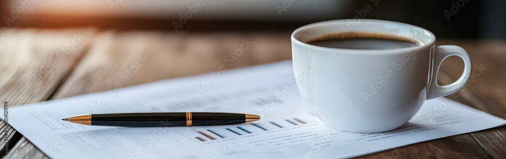 Fototapeta premium A cup of coffee beside a pen and report on a wooden table in morning light