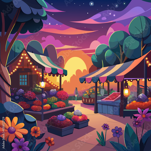 A charming evening market scene with colorful flower stalls and twinkling lights, perfect for adding a touch of whimsy and warmth to your designs.