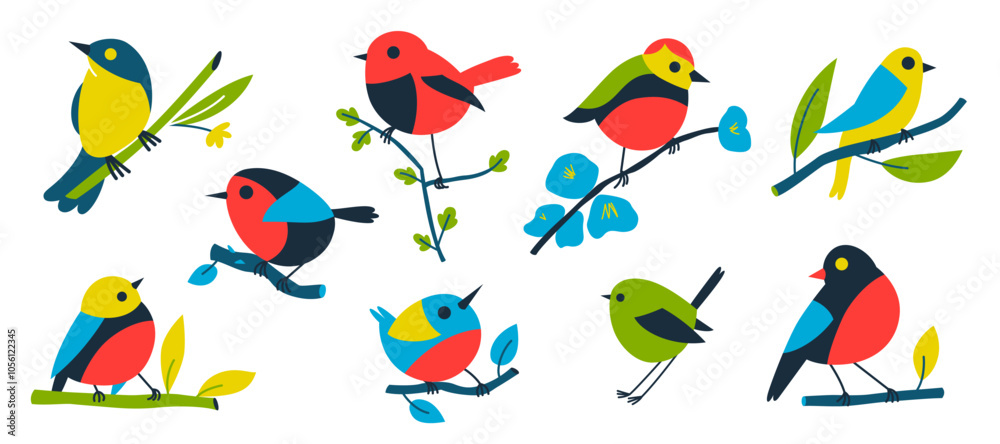 Fototapeta premium Collection of colored birds. Bright vector illustration with cute birds