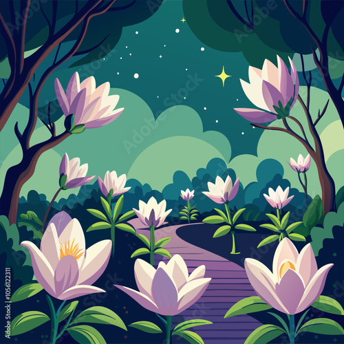 A whimsical illustration of a moonlit garden with a winding path and delicate magnolia blossoms. The soft, muted colors create a tranquil and magical atmosphere.