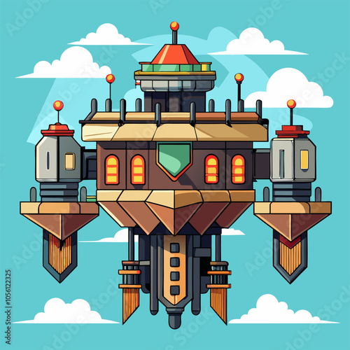 A whimsical, futuristic floating island, perfect for adding a touch of fantasy to your designs. This detailed illustration features a complex structure, complete with intricate details, windows.