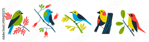 Set of colored birds on branches. Vector geometric illustration