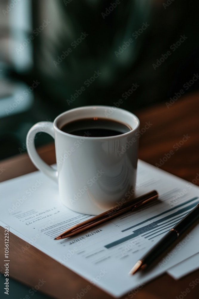 A steaming cup of coffee beside financial reports on a desk A steaming cup of coffee beside financial reports on a desk