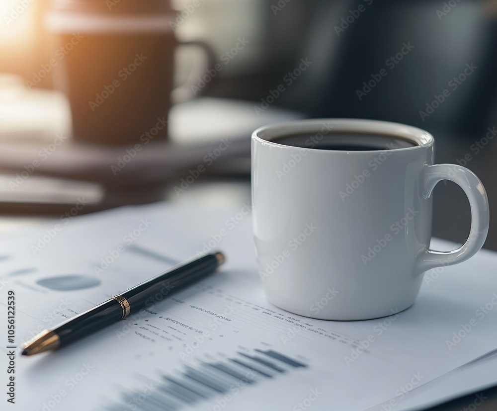 Coffee cup sits beside business documents in a cozy workspace Coffee cup sits beside business documents in a cozy workspace