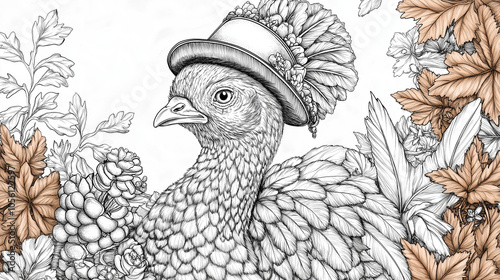 Wallpaper Mural Coloring Page of a Thanksgiving Turkey A cheerful turkey wearing a pilgrim hat and surrounded by fall foliage, ready to be colored in bright autumn colors. Torontodigital.ca