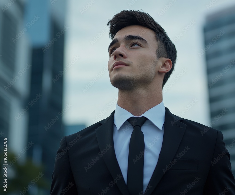 Confident young man in a suit gazing upward in a cityscape setting Confident young man in a suit gazing upward in a cityscape setting