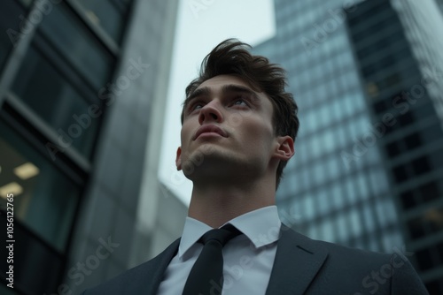 Young professional man looking upward in an urban cityscape during twilight