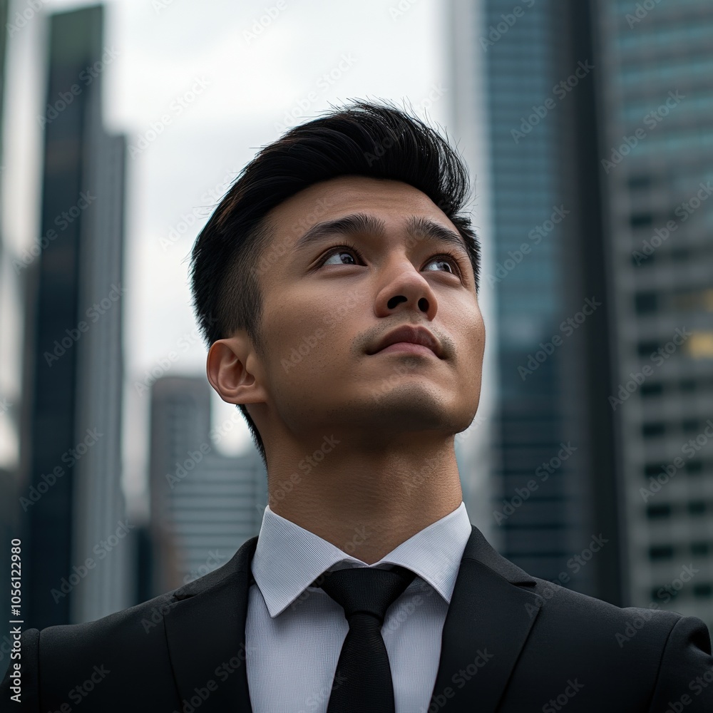 Young man in a suit gazing upward in a cityscape backdrop at dusk Young man in a suit gazing upward in a cityscape backdrop at dusk