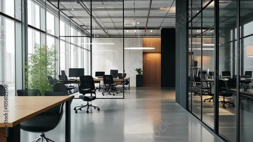 Modern office interior with glass walls, desks, and plants for a collaborative work environment.