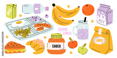 Hand drawn school lunch box dishes, healthy snack and food products set vector illustration