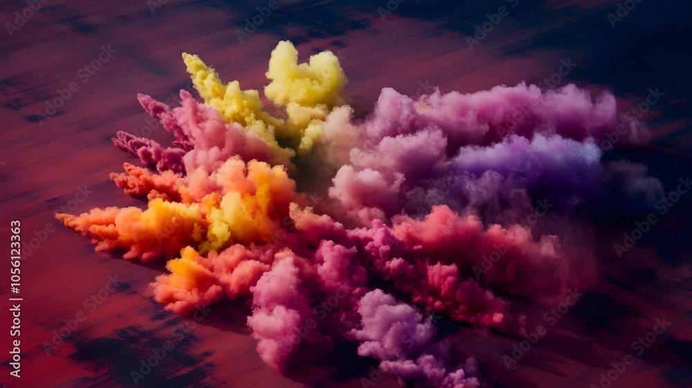 Fototapeta premium Vibrant dust explosion spreading on dark red background