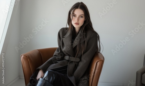 A Young Woman Sits Elegantly in a Brown Armchair Wearing a Stylish Dark Coat in a Sunlit Modern Interior