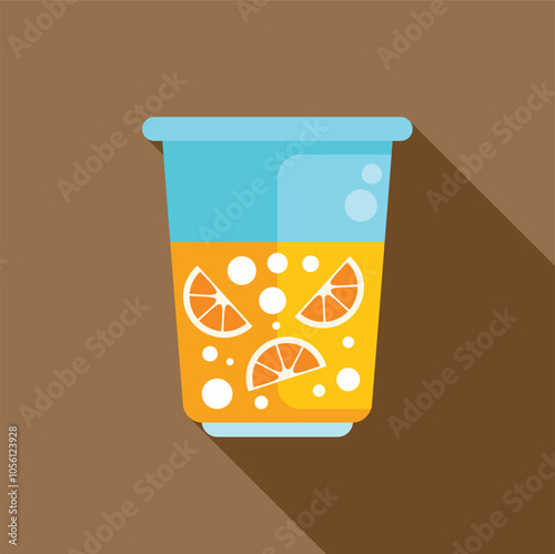 Orange juice with bubbles and orange slices in a plastic cup, representing a refreshing summer beverage