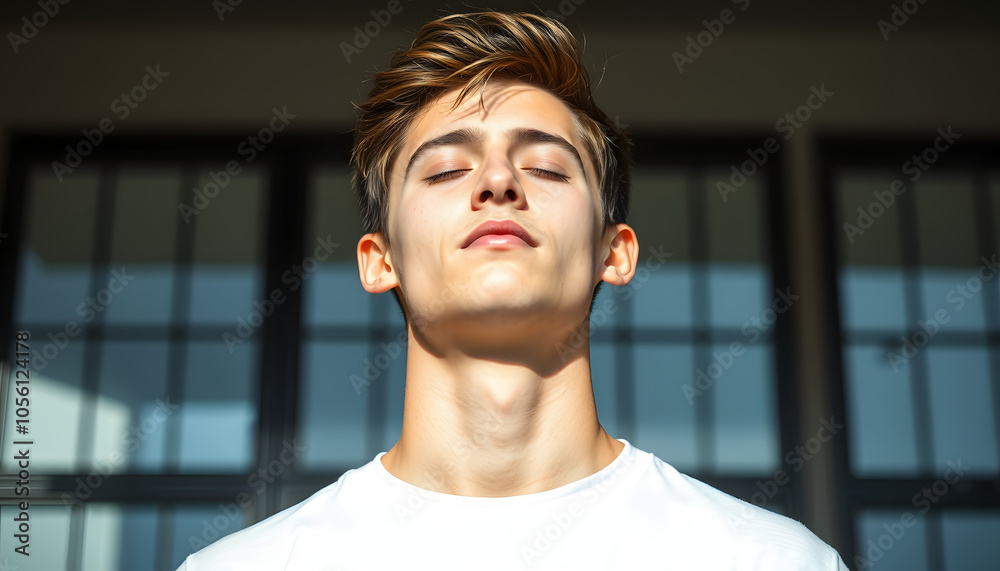Portrait of a young man with eyes closed, standing against large windows isolated with white highlights, png Portrait of a young man with eyes closed, standing against large windows isolated with white highlights, png