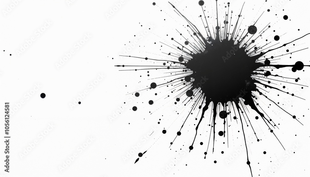 Dynamic Black Ink Splatter with Radiating Lines on White Background with Copy Space